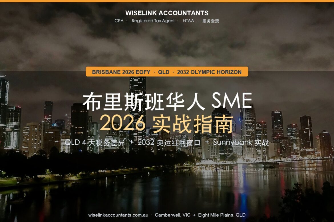 Brisbane city skyline at night from Kangaroo Point with Brisbane River reflections, illustrating Wiselink Accountants Brisbane EOFY 2026 guide for Chinese SME owners
